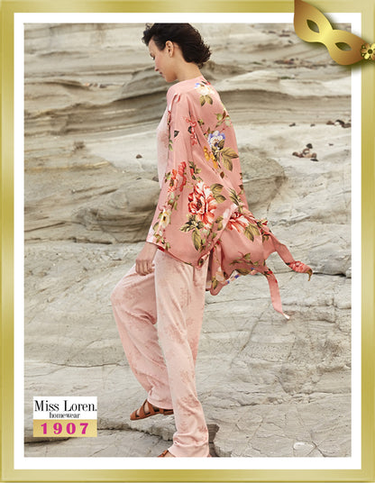 Miss Loren Back Lace Detailed Long Pajamas with Floral Printed Robe Set (3 Pcs) 1907