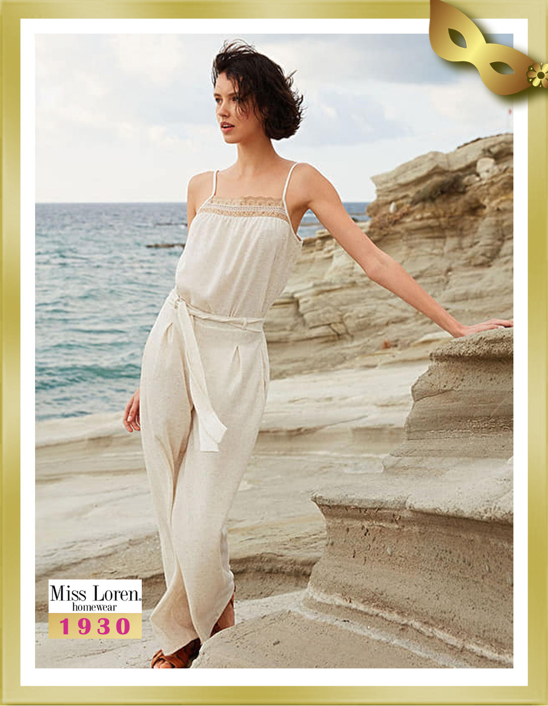 Miss Loren Sleeveless Top and Long Pants with Striped Robe Set (3 Pcs) 1930