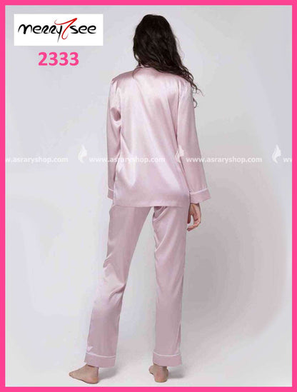 Merry-See Buttoned Shirt Collar Long Satin Pajamas Set 2333 XL