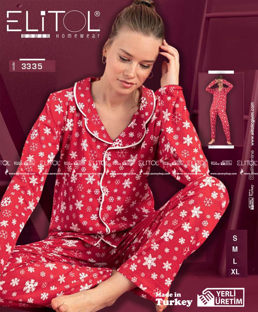 Elitol Cotton Buttoned Printed Long Pajamas 3335