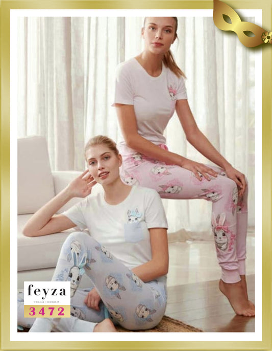 Feyza Short Sleeves Long Printed Pajamas 3472 Blue