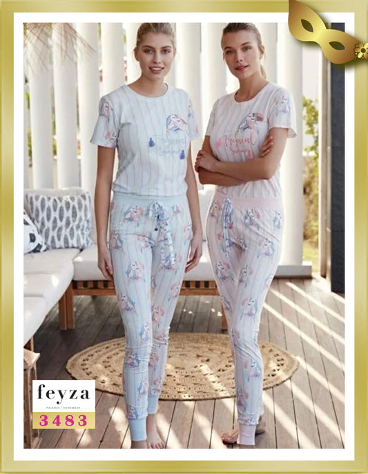 Feyza Short Sleeves Long Printed Pajamas 3483 Blue
