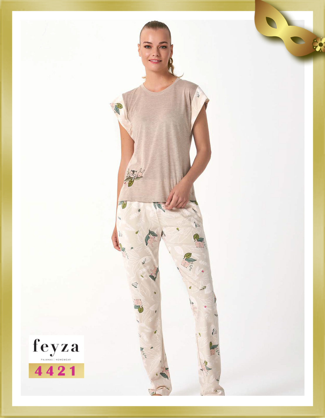 Feyza Short Sleeves Long Printed Pajamas 4421 Pearl Bush