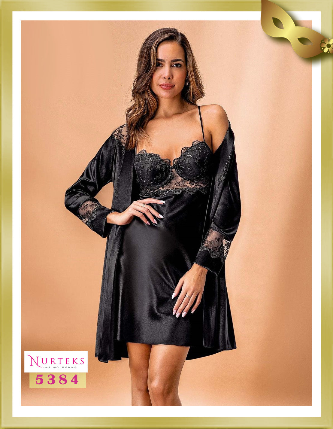 Nurteks Lingerie Satin with Lace Lingerie Nightgown with Robe Set 5384 Black