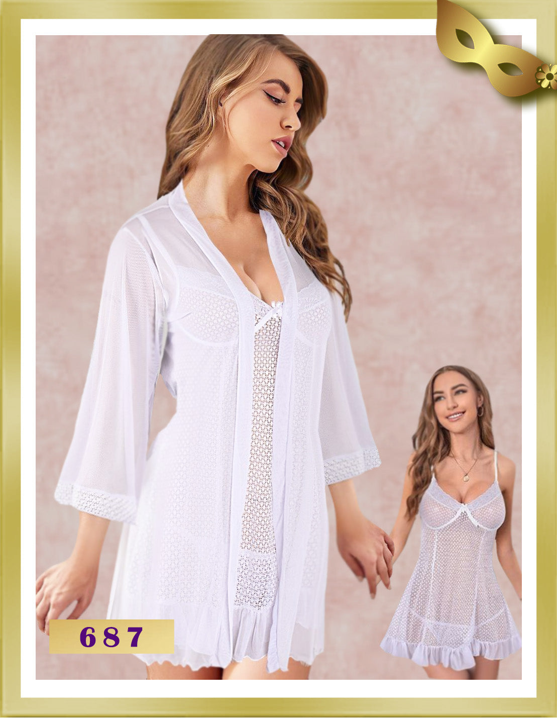 Dots White Lingerie Nightgown & Robe Set 687 Free Size White