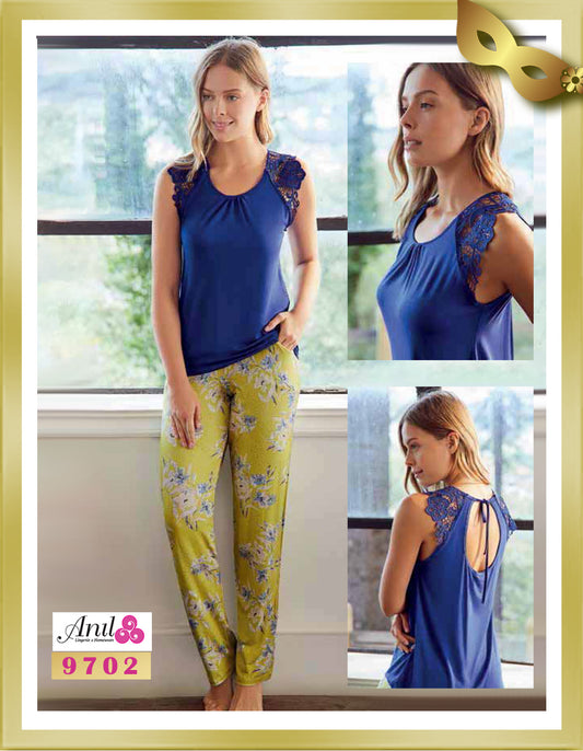 Anil Lace Detailed Top and Floral Printed Pants Pajamas 9702 XL