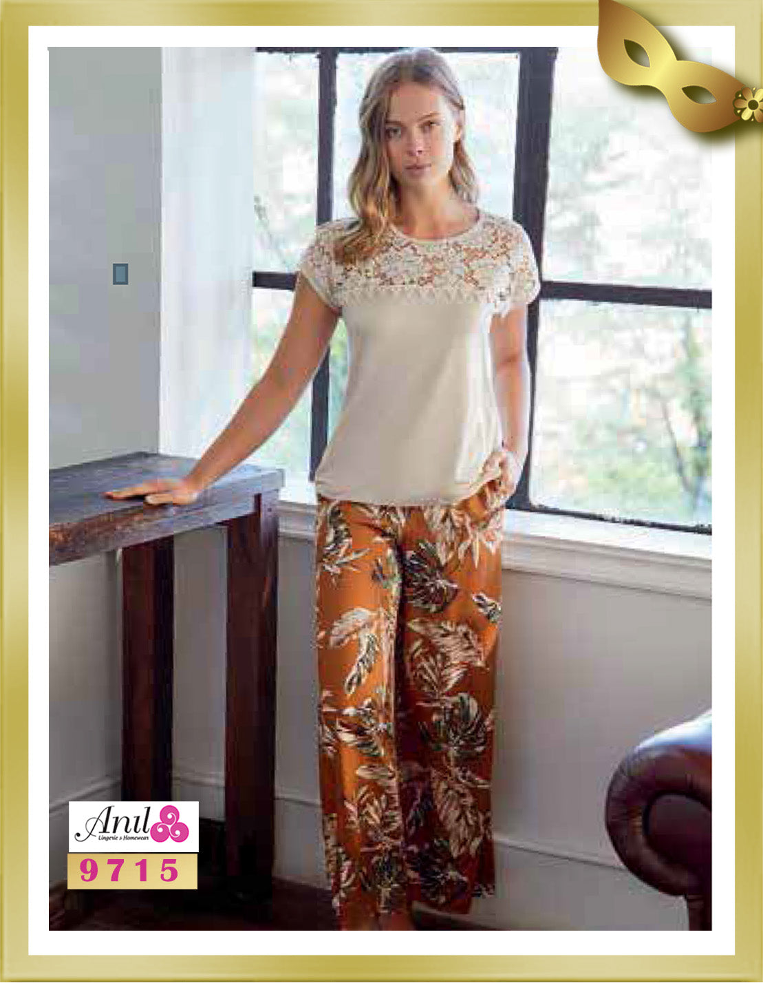 Anil Lace Detailed Top and Printed Pants Pajamas 9715 XL