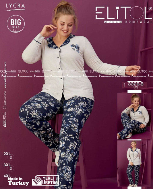 Elitol Special Size Long Cotton Pajamas with Buttons 3326-B 4XL